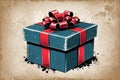 Blue gift box with red bow on grunge background Royalty Free Stock Photo