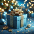 Blue gift box with ribbon and gold bow on blurred bokeh lights background. Created using an AI model Royalty Free Stock Photo