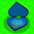 On blue gift box in the shape of heart pop art retro raster. Imitation of the style of comics. Jewelry Set Green Royalty Free Stock Photo