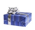 Blue gift box with silver ribbon isolated on white background Royalty Free Stock Photo