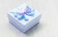 Blue gift box on table wood Royalty Free Stock Photo