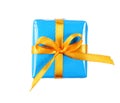 Blue gift box tied with an orange ribbon with a bow, isolated on a white background Royalty Free Stock Photo