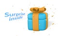 Blue gift box with yellow bow and confetti on white background. Surprise inside. Vector Illustration Royalty Free Stock Photo