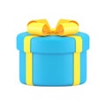 Blue gift box with yellow bow and ribbon cylinder wrapped surprise container 3d object realistic vector illustration Royalty Free Stock Photo