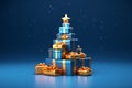 Blue gift boxes with gold ribbon arranged like a Christmas tree with star on blue background. Presents for New Year. Merry Xmas Royalty Free Stock Photo