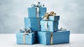 Blue gift boxes with gold ribbon and bow. 3d rendering. Generative AI Royalty Free Stock Photo