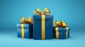 Blue gift boxes with a golden bow in 3D reality.