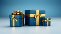 Blue gift boxes with a golden bow in 3D reality.