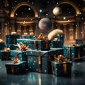 Blue gift boxes with golden bows on the background of the planets. Christmas space. Generative AI