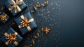 Blue gift boxes with golden bows and festive confetti on dark blue background Royalty Free Stock Photo