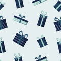 blue gift boxes seamless pattern with ribbons and bows Royalty Free Stock Photo