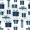 blue gift boxes seamless pattern with ribbons and bows on white background Royalty Free Stock Photo