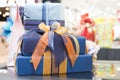 Blue Gift boxes in shopping center Royalty Free Stock Photo