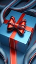 Blue gift with red bow, futuristic image. Gifts as a day symbol of present and Royalty Free Stock Photo