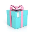 Blue gift with red ribbon, bow and tag Royalty Free Stock Photo