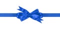 Blue gift ribbon bow straight horizontal isolated on white background Royalty Free Stock Photo