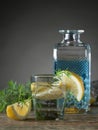 Blue gin , tonic and lemon on a old wooden table. Royalty Free Stock Photo