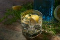 Blue gin , tonic and lemon on a old wooden table. Royalty Free Stock Photo