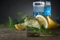 Blue gin , tonic and lemon on a old wooden table. Royalty Free Stock Photo