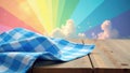 Blue gingham cloth, wooden table, rainbow sky , material, visual, fabric Royalty Free Stock Photo