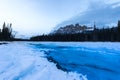 Blue glacier water flowing over ice in the bow river at Castle mountain Royalty Free Stock Photo