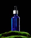 Blue glass bottle with pipette stands on green moss, black background. Cosmetics SPA branding mockup