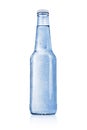 Blue glass bottle with water without label isolated on white