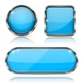 Blue glass buttons with chrome frame. Set of shiny 3d web icons Royalty Free Stock Photo