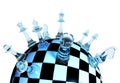 Blue glass chess pieces on globe chess board on white background Royalty Free Stock Photo