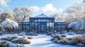 A Blue Glass Conservatory Surrounded by Snowy Trees and Shrubs Royalty Free Stock Photo