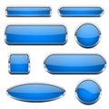 Blue glass 3d buttons. With chrome frame. Set of web icons Royalty Free Stock Photo