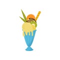 Blue glass of delicious ice-cream with waffle stick and tropical fruits. Tasty dessert. Flat vector for cafe menu, promo