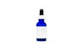 Blue glass eyedropper bottle isolated on white, with blank white label for adding your own text or logo. Bottle is transparent and