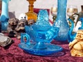 Blue glass items in a flea market Royalty Free Stock Photo