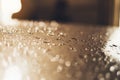 Blue glass with raindrops background texture horizontal top view isolated, rain on the window backdrop, abstract light bokeh