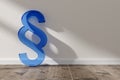 Blue glass section sign on room background with wooden floor, law, justice or legal concept with copy space