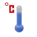 Blue glass thermometer with floating red celsius symbol isolated on white background Royalty Free Stock Photo