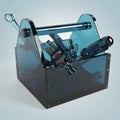 Blue glass toolbox with sapphire tools inside, wrench, spanner, hammer, screwdriver. high quality rendering Royalty Free Stock Photo