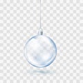 Blue Glass transparent Christmas ball. Xmas glass ball on transparent background. Holiday decoration template. Vector illustration Royalty Free Stock Photo