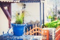 Blue glazed terracotta plant pots filled with