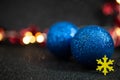 Blue glitter baubles with defocused christmast tree lights in the background. defocused abstract holiday backdrop, soft focus Royalty Free Stock Photo