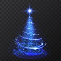 Blue glitter bokeh lights and sparkle stars christmas tree on transparent background. Isolsted light shining abstract