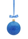 Blue Glitter Christmas decor ball on ribbon isolated on white Royalty Free Stock Photo