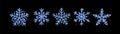 Blue glitter texture snowflake hand drawn icons set on black background. Shiny Christmas, New year and winter sparkling