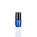 Blue glittering nail polish in glass bottle white background isolated closeup, closed dark blue sequin varnish, shiny lacquer