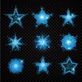 Blue glittering stars sparkling particles on transparent background.