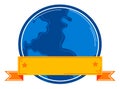 Blue globe with abstract continents and a golden banner across with a star to denote achievement. Golden ribbon banner