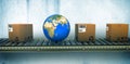 Composite image of blue globe and boxes on conveyor belt Royalty Free Stock Photo