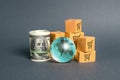 Blue globe, bundle of money and cardboard boxes. export of products and goods around the world. Global business, import Royalty Free Stock Photo