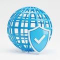 Blue Globe with Grid Pattern and Protective Shield with Check Mark on White Background world Royalty Free Stock Photo